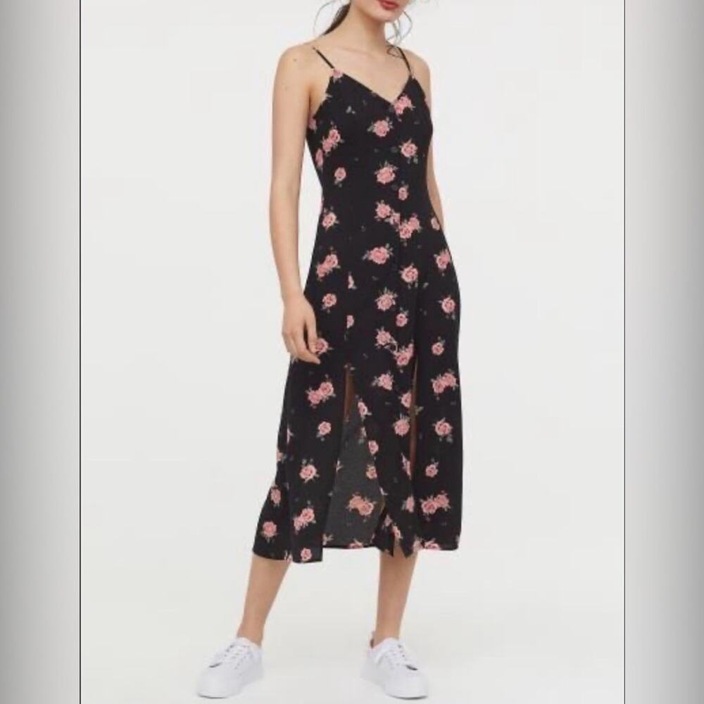 H&M divided black and rose button double split midi dress size 4